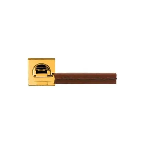 Дверная ручка на квадратном основании Linea Cali ELLE 1052/019 OZ/MA золото глянцевое/кожа коричневая