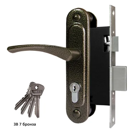 Замок врезной цилиндровый с защёлкой в комплекте с ручкой Omega ЗВ7 (бронза), 4 кл.