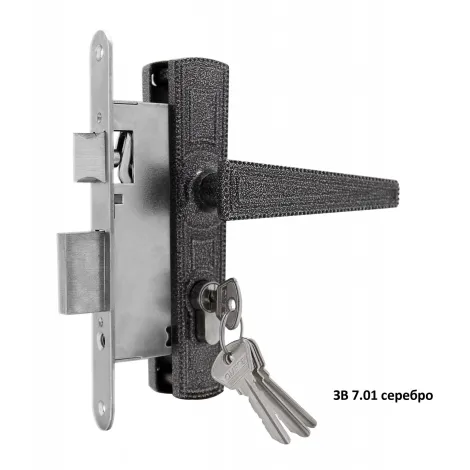 Замок врезной цилиндровый с защёлкой в комплекте с ручкой Omega ЗВ7.01 (серебро), 4 кл.