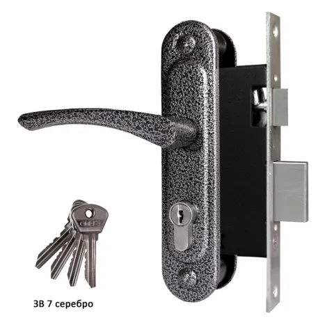 Замок врезной цилиндровый с защёлкой в комплекте с ручкой Omega ЗВ7 (серебро), 4 кл.