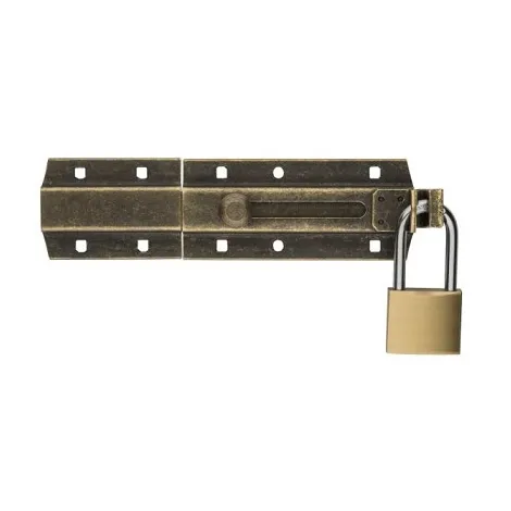 256OA20 Задвижка дверная усиленная с отверствием для навесного замка ALDEGHI 200мм античная бронза