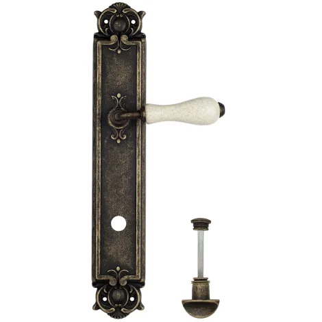 Дверная ручка Venezia \"COLOSSEO\" белая керамика паутинка WC-2 на планке PL97 античная бронза