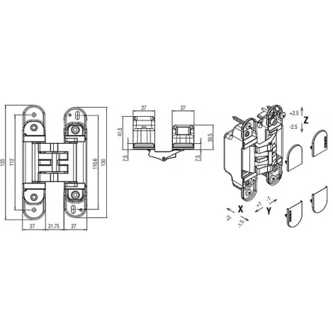 Петля скрытая универсальная KUBICA 2760 DXSX, золото браш (60 kg)
