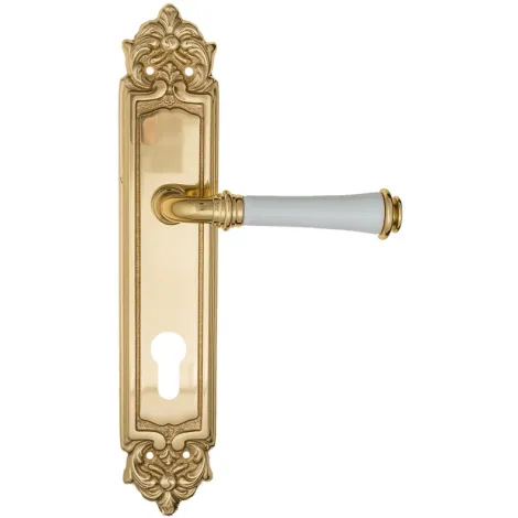 Дверная ручка на планке Fratelli Cattini \"GRACIA CERAMICA BIANCO\" CYL PL96-OLV полированная латунь