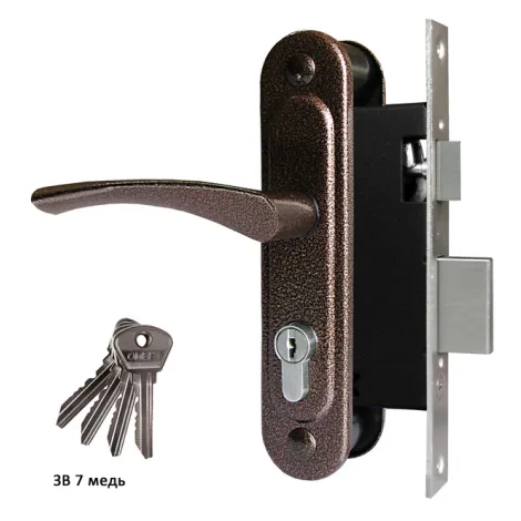 Замок врезной цилиндровый с защёлкой в комплекте с ручкой Omega ЗВ7 (медь), 4 кл.